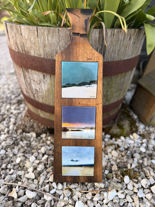Ceramic Tile Trio with Handmade Whisky Barrel Hanging Board (Curve Top)