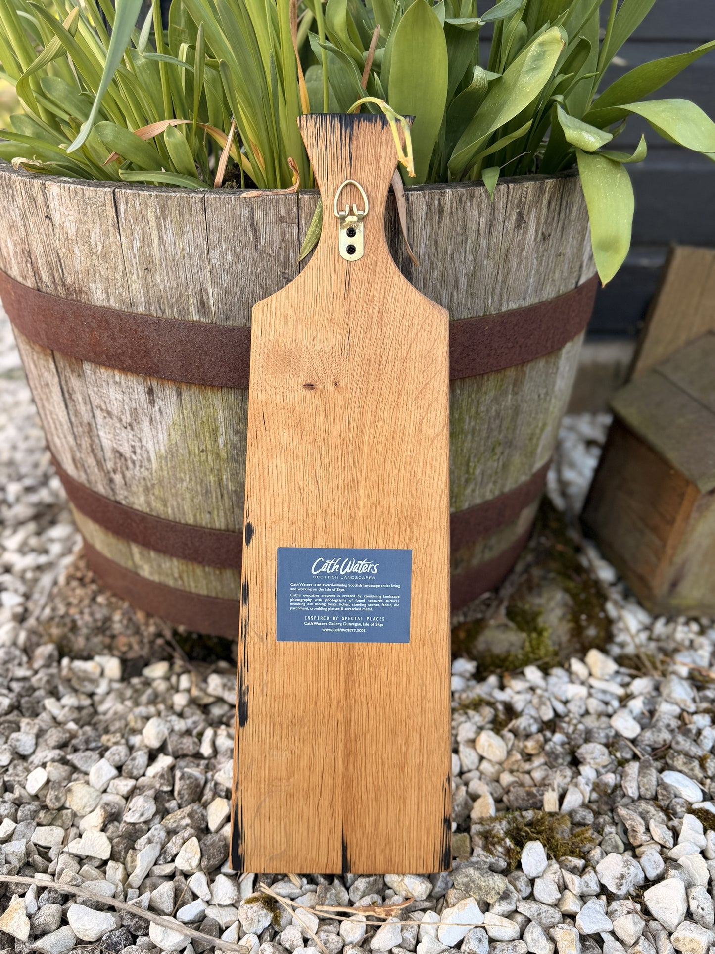 Ceramic Tile Trio with Handmade Whisky Barrel Hanging Board (Curve Top)
