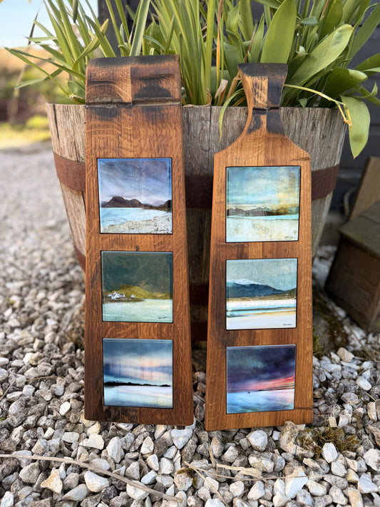 Ceramic Tile Trio with Handmade Whisky Barrel Hanging Board (Flat Top)