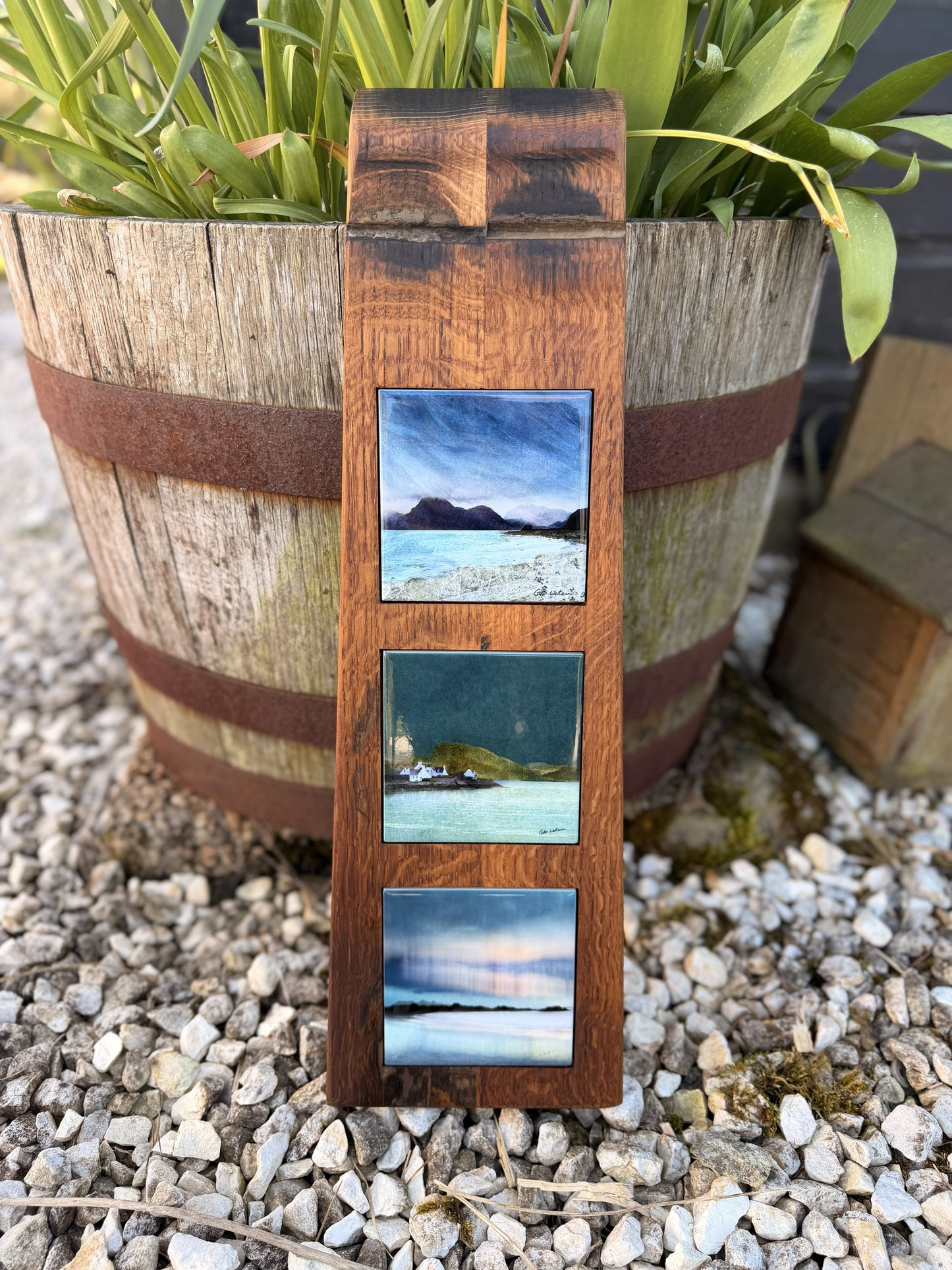Ceramic Tile Trio with Handmade Whisky Barrel Hanging Board (Flat Top)