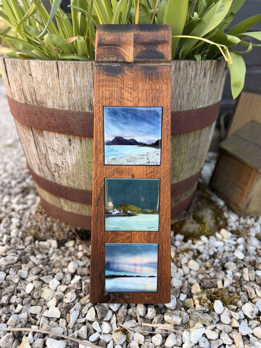 Ceramic Tile Trio with Handmade Whisky Barrel Hanging Board (Flat Top)