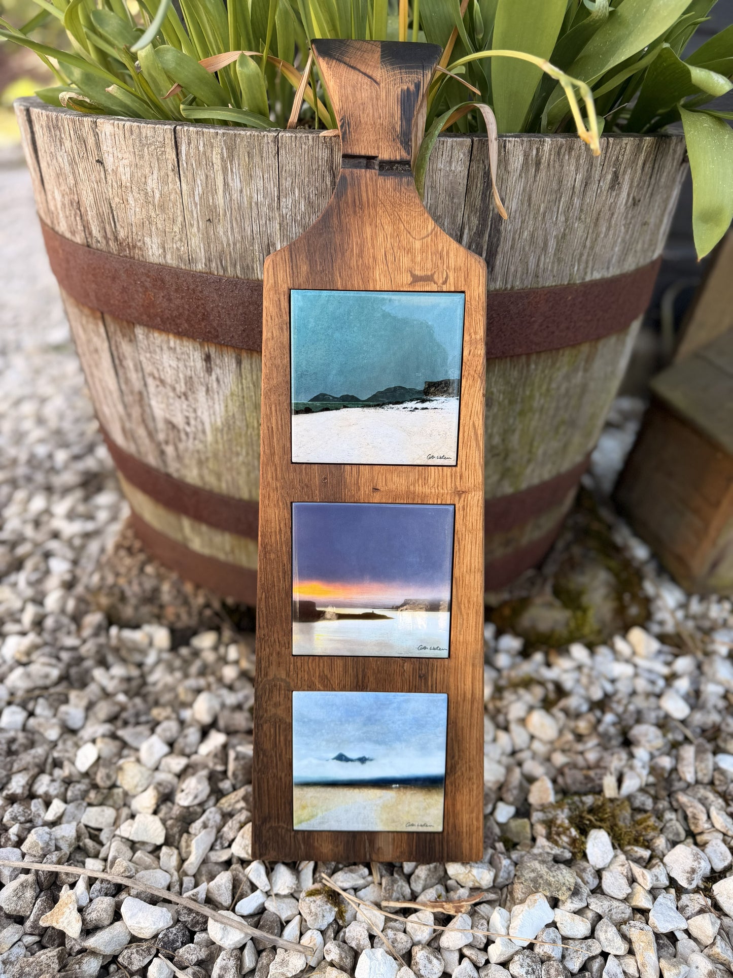 Ceramic Tile Trio with Handmade Whisky Barrel Hanging Board (Curve Top)