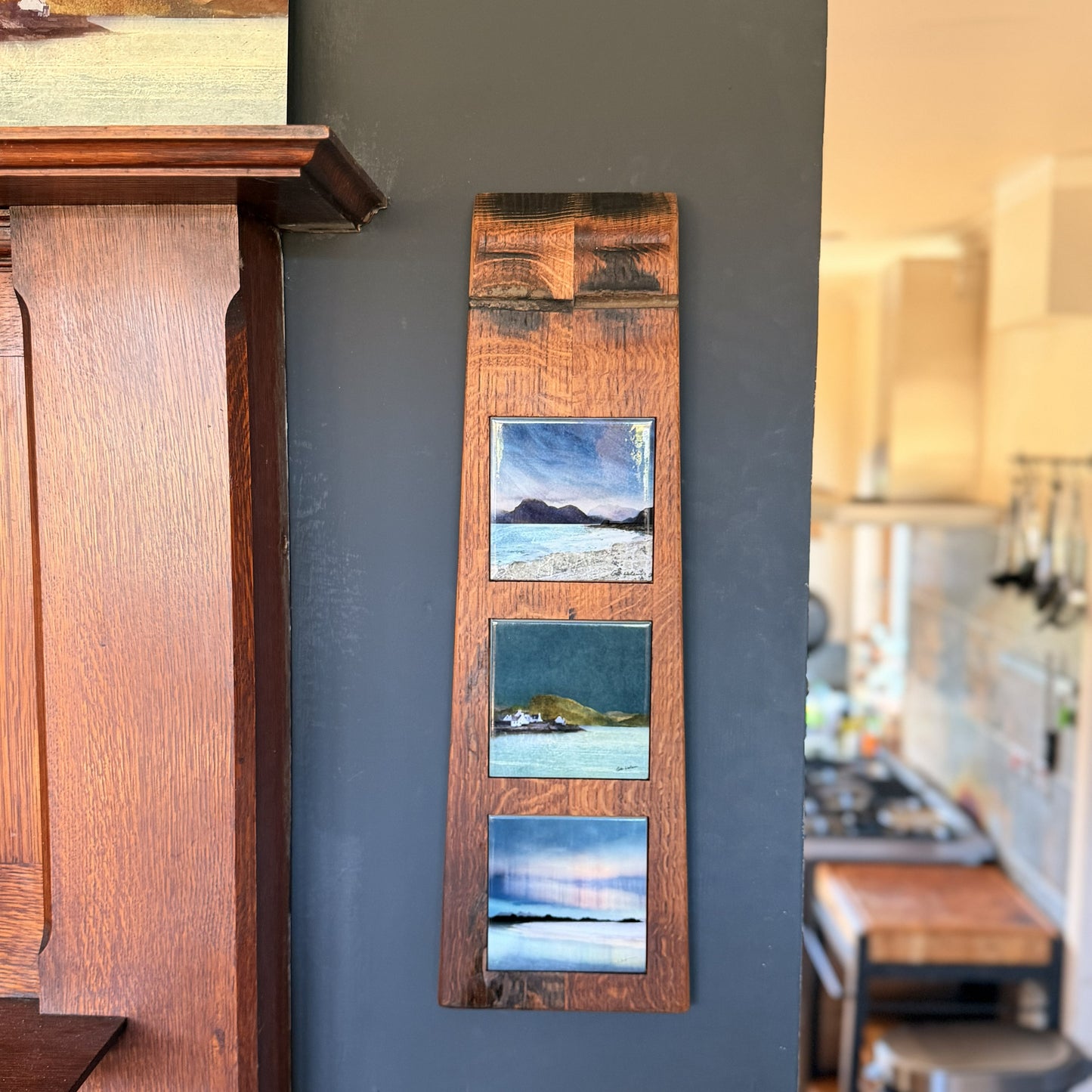 Ceramic Tile Trio with Handmade Whisky Barrel Hanging Board (Flat Top)
