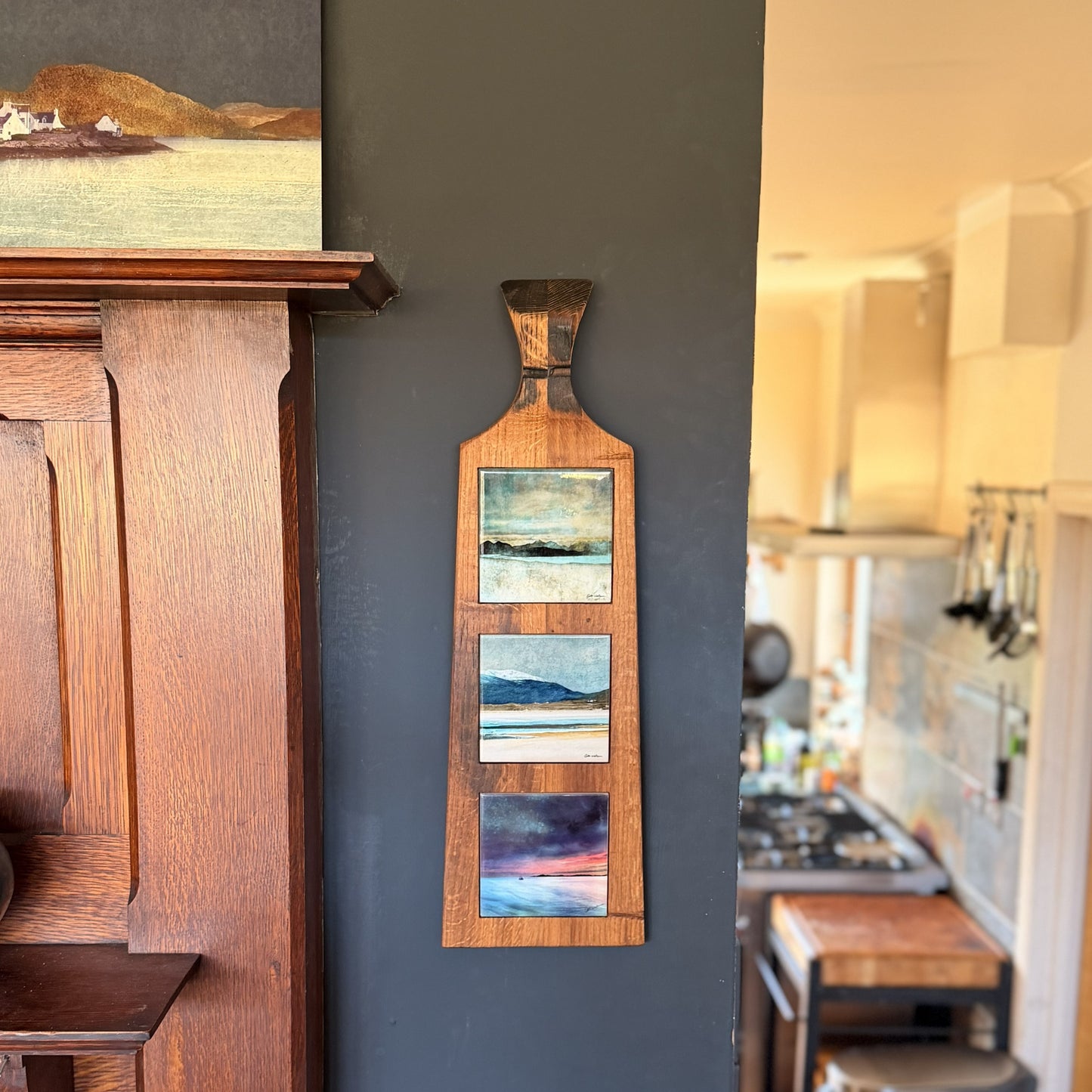 Ceramic Tile Trio with Handmade Whisky Barrel Hanging Board (Curve Top)
