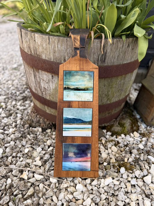 Ceramic Tile Trio with Handmade Whisky Barrel Hanging Board (Curve Top)